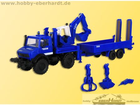 Kibri H0 THW UNIMOG mit Baggeraufbau und Geräteanhänger
