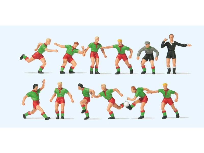 Preiser HO Fussballmannschaft.Grüne Trikots, rote Hosen